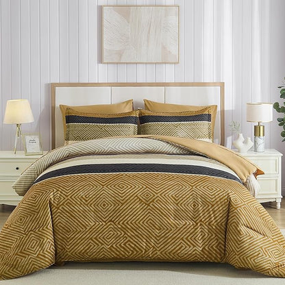 Drucon Brown Comforter Set Queen Size 7 Piece Bed in a Bag, Boho Striped Bedding Set, Soft Microfiber Comforter and Sheet Set for All Season (Queen, 90"x90")