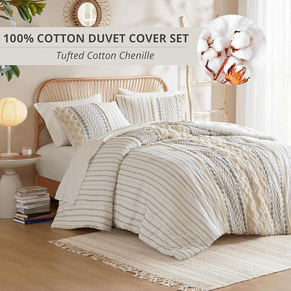 INK+IVY Imani 100% Cotton Duvet Mid Century Modern Design, All Season Comforter Cover Bedding Set, Matching Shams, King/Cal King, Ivory Chenille Tufted Accent 3 Piece