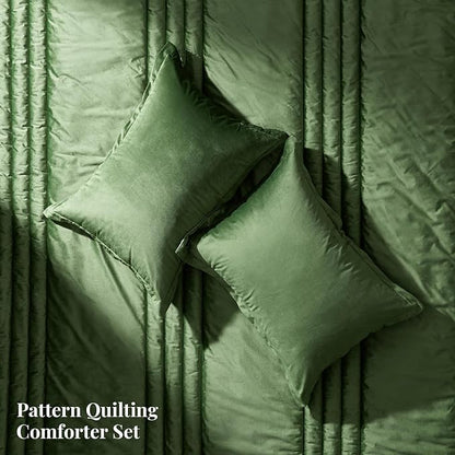 MUSSEL King Size Comforter Set Olive Green 3 Pieces,Luxury Velvet Striped Bedding Comforter Sets,Elegant Lightweight Neutral Soft Fluffy King Comforter Sets for Bedroom