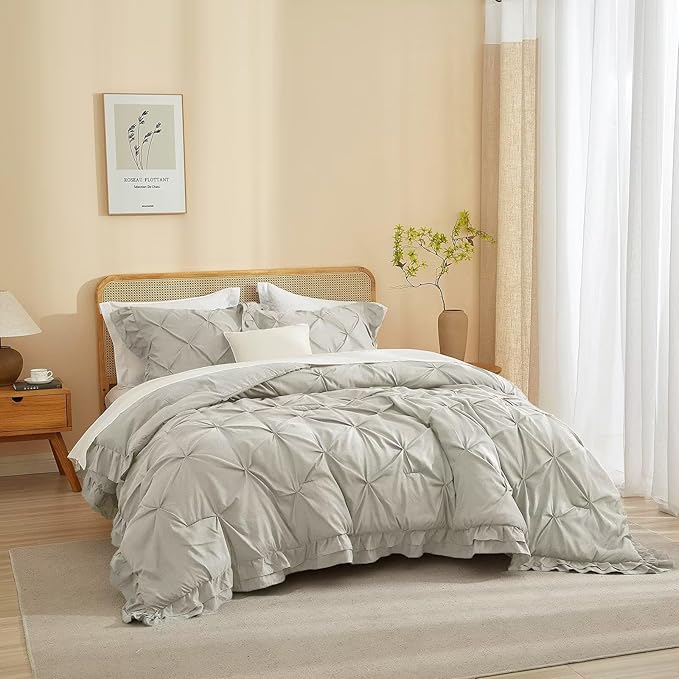 Queen Comforter Set Grey 3 Pieces with 1 Comforter and 2 Pillow Shams Pintuck Pinch Pleated Shabby Chic Duvet Insert Rustic Queen Bed Sets All Season Use Solid Modest Bedding Sets