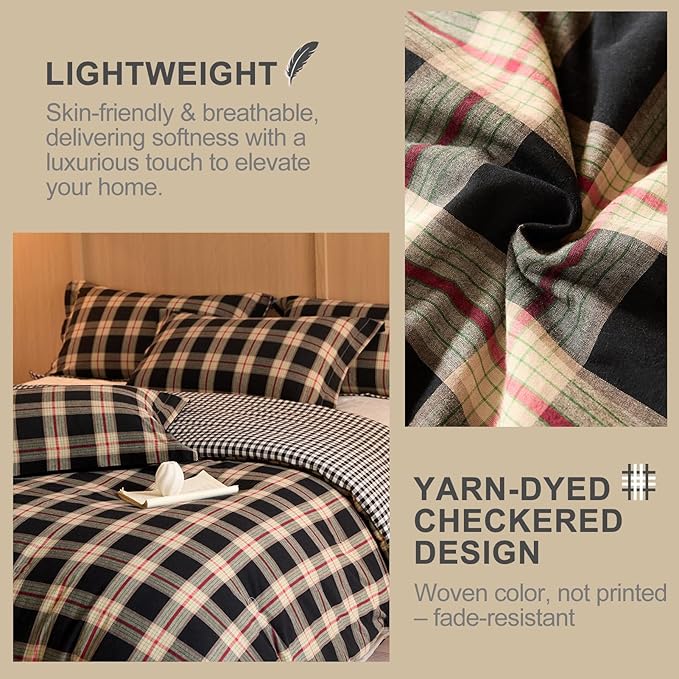 100% Cotton Comforter Set Twin Size – Reversible Yarn-Dyed Checkered Design, Soft Washed Cotton on Both Sides, Lightweight All-Season Bedding, Machine Washable(Black Red Plaid, 68”x90”)