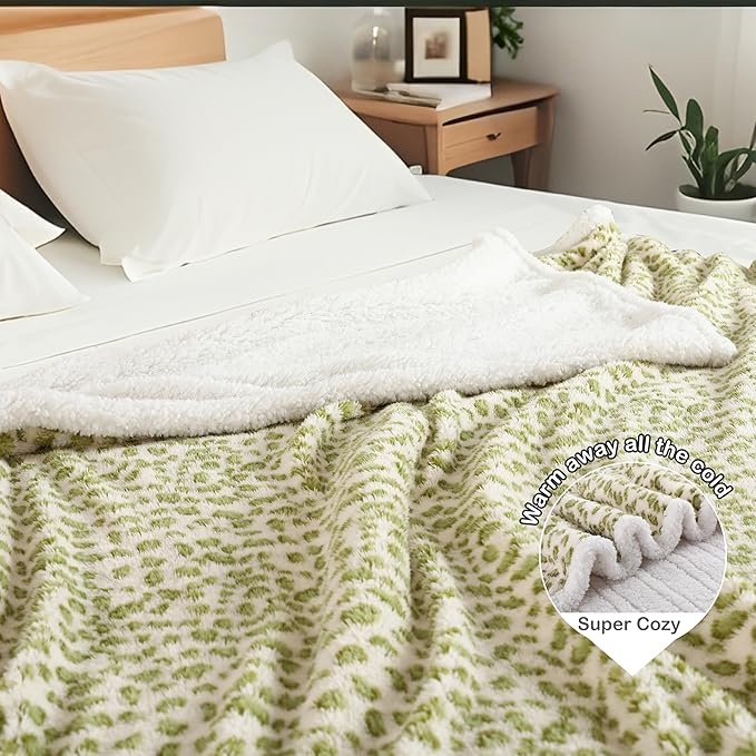 Electric Heated Blanket Full Size 72"×84" with 9 Heating Levels & 1-10Hs Auto Off, Plush Sherpa, Energy Efficient, Machine Washable, for Couch & Bed, Leopard Print Green & White