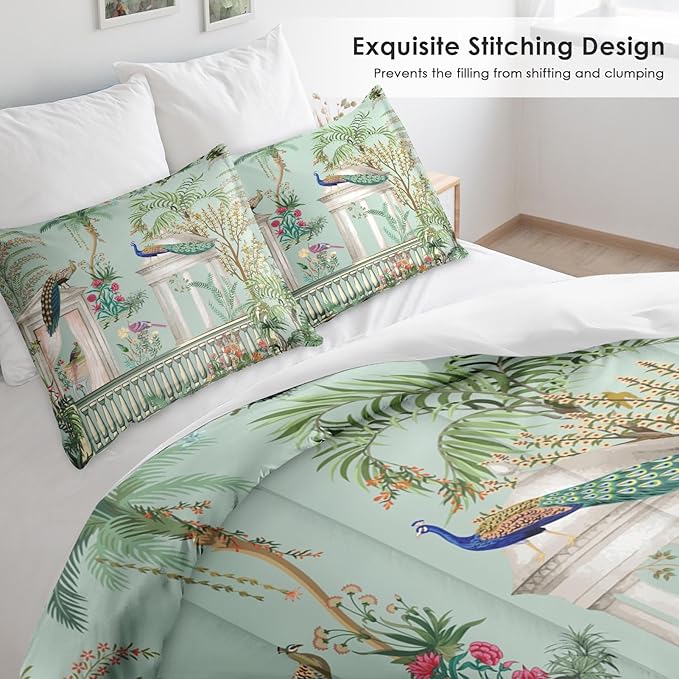 Comforter Set Full Size, Peacock Plant Bird 3 Pcs Soft Bedding Set for Kids and Adults, Floral Tree Green Comforter Set with 2 Pillowcases, for Bedroom Bed Decor