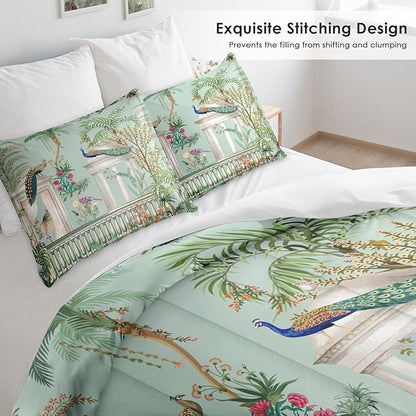 Comforter Set Full Size, Peacock Plant Bird 3 Pcs Soft Bedding Set for Kids and Adults, Floral Tree Green Comforter Set with 2 Pillowcases, for Bedroom Bed Decor