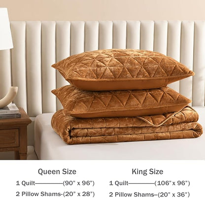 Homzard Velvet Carmel Gold King Size Comforter Set, King Size Quilt Set Velvet Quilt Bedding Set, Soft Bedspread Coverlet, Luxury Bedding for All Season,3 Pieces Bed Set