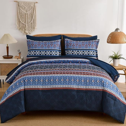 Comforter Set King Size Boho,7 Pieces Bohemian Bedding Comforter Set Striped Bed in a Bag,Navy Blue Paisley Floral Comfortet and Sheet Set,Soft Microfiber Bedding Sets for All Season