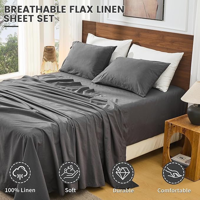 Bedlifes 100% French Flax Linen Sheets Set California King Size-6 Piece Extra Deep Pocket 18-24",Soft Breathable Cal King Bed Sheets with Temperature Regulating & Moisture-Wicking(Dark Grey