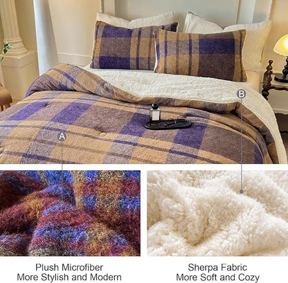 Cyusri Plaid Sherpa Comforter Set 3Pcs Fluffy Warm Fleece Down Alternative, Khaki Blue Grid Pattern Bedding Set with 2 Pillowcases, King Size 104"x90"