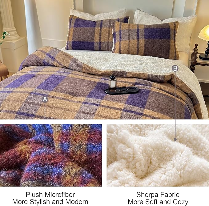 Cyusri Plaid Sherpa Comforter Set 3Pcs Fluffy Warm Fleece Down Alternative, Khaki Blue Grid Pattern Bedding Set with 2 Pillowcases, Queen Size 90"x90"