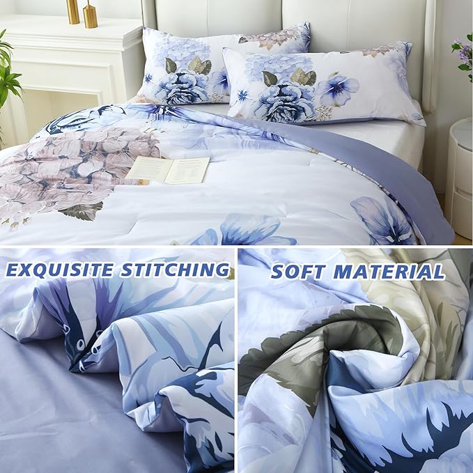 Floral Comforter Set King Size, 3 Pieces Elegant Blue Floral Bed in a Bag, Soft Microfiber Botanical Flower Bedding Set with 2 Pillowcases for All Season 104"×90"