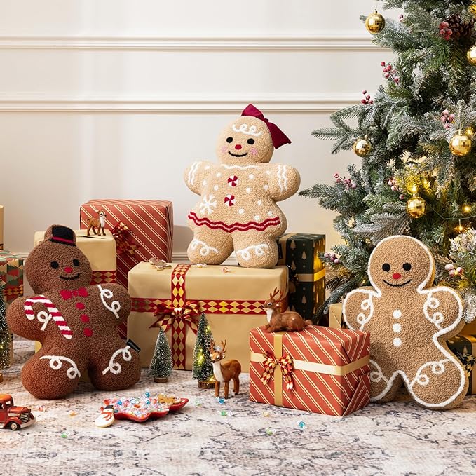 Phantoscope Gingerbread Series Merry Christmas Throw Pillow, Plush Teddy Sherpa Mr. Gingerbread Xmas Shaped Christmas Decorative Pillow with Hat & Cane for Couch Living, Bedroom, Coffee, 13x19 inches