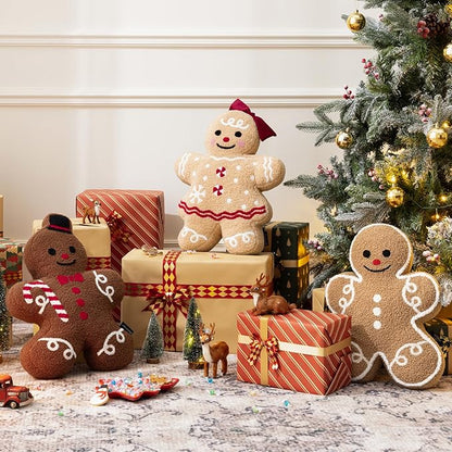 Phantoscope Gingerbread Series Merry Christmas Throw Pillow, Plush Teddy Sherpa Xmas Gingerbread Girl Shaped Christmas Decorative Pillow with Bow for Couch Living, Bedroom, Beige, 13x18 inches