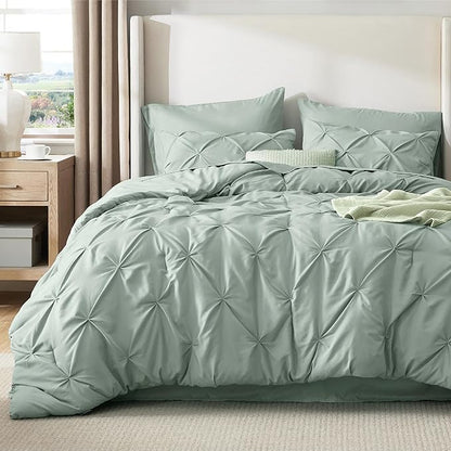 Bedsure Oversized King Comforter Set Sage Green - Bed in a Bag Bedding Set 7 Pieces, GentleSoft™ Pintuck Bed Set Gift for Family, Pinch Pleat Sage Green Comforter with Sheets, Pillowcases & Shams