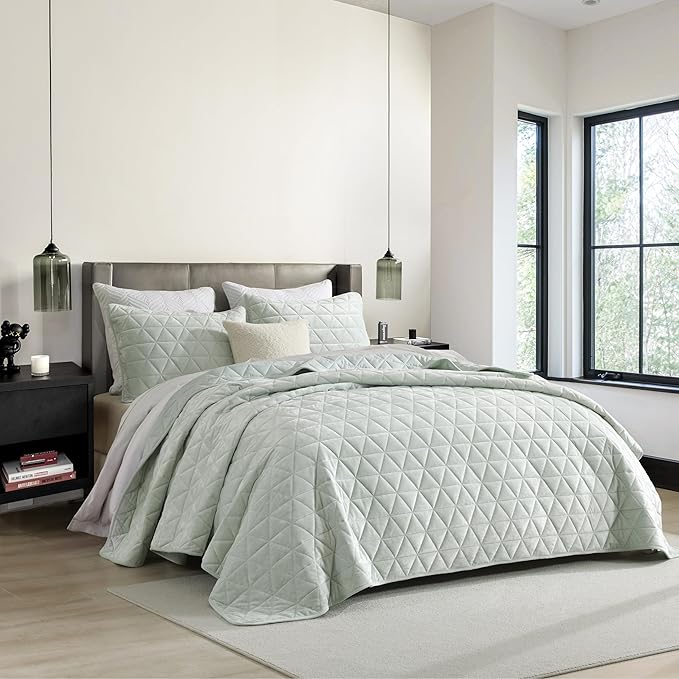 Homzard Velvet Quilt Set Queen Size Bedding Set,Mint Quilts Queen Size, Luxury Velvet Comforter, Light Green Bedspreads,Soft Lightweight Bed Set 3 Piece All Season