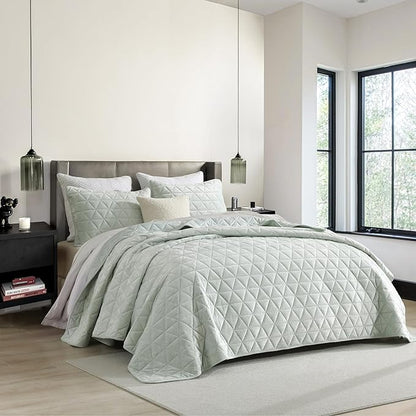 Homzard Velvet Quilt Set Queen Size Bedding Set,Mint Quilts Queen Size, Luxury Velvet Comforter, Light Green Bedspreads,Soft Lightweight Bed Set 3 Piece All Season