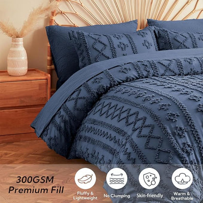 MR&HM Queen Comforter Set Navy Blue, 7 Pieces Tufted Boho Beddding Sets, Farmhouse Style Bed in a Bag with 1 Comforter, 2 Pillow Shams, 2 Pillowcases, 1 Flat Sheet, 1 Fitted Sheet for All Seasons