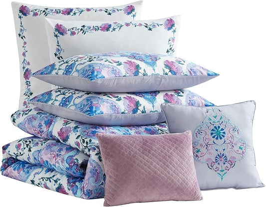King Size Comforter Set 7 Piece Ultra Soft Fashion Printed Bedding Sets with Shams, Decorative Throw Pillows, and Pillowcases, King, Juliette