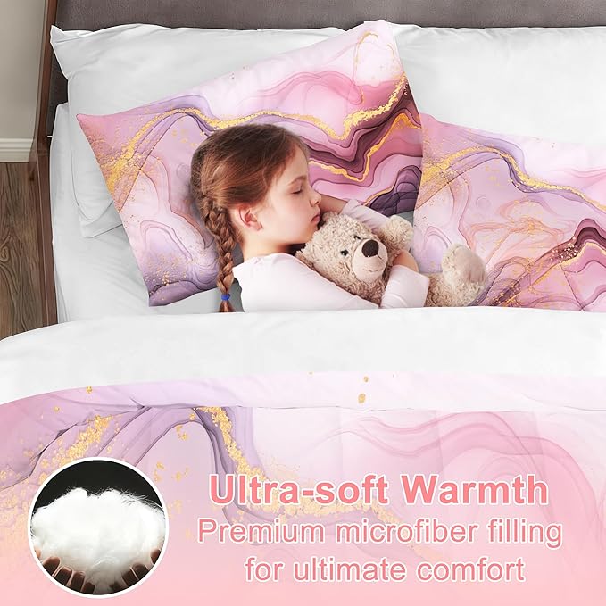 Queen Pink Marble Comforter Set for Girls Kids and Women Pink and Gold Marble Bedding Set for All Seasons Aesthetic Tie Dye Comforter for Girls Bed with 1 Quilt and 2 Pillowcases