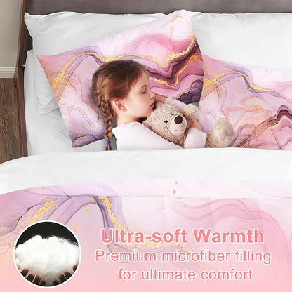Queen Pink Marble Comforter Set for Girls Kids and Women Pink and Gold Marble Bedding Set for All Seasons Aesthetic Tie Dye Comforter for Girls Bed with 1 Quilt and 2 Pillowcases