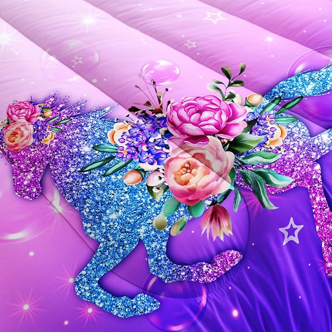 Violet Dreamy Unicorn Comforter Sets Full Size， Violet Dreamy Unicorn Bedding Sets for Kids,Flowers and Gradient Violet Comforter Sets All Season 1 Comforter and 2 Pillowcases