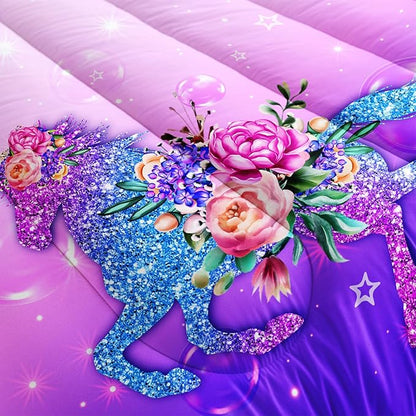 Dreamy Unicorn Comforter Sets King，Purple Dreamy Unicorn Bedding Sets 3PCS for Kids,Flowers and Gradient Purple Bedding Sets All Season 1 Comforter and 2 Pillowcases