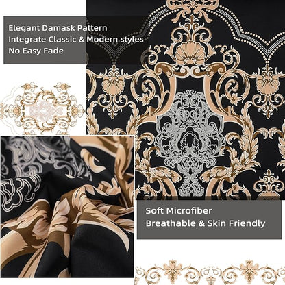 Mybedsoul Black Queen Comforter Set, 7 Pieces Gold Boho Bed in a Bag for Queen Bed, Damask Comforter with Sheets Pillowcases, Soft Microfiber Lightweight Bedding Sets for All Season(90"x90")