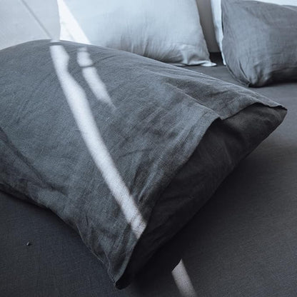 Simple&Opulence Washed Linen Bed Sheet Set Basic Style 4 Pieces (1 Flat Sheet & 1 Fitted Sheet & 2 Pillowcases) 100% Natural French Flax Soft Breathable Farmhouse Bedding (Queen, Dark Grey)