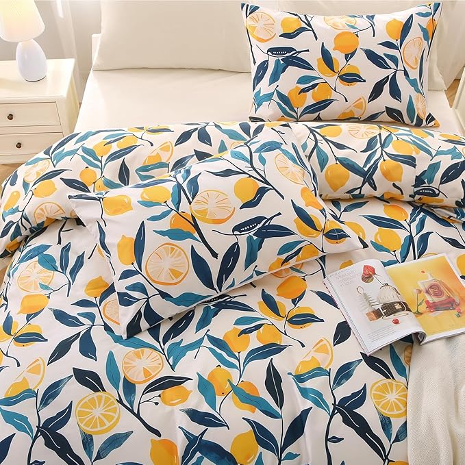 MUXHOMO Lemon Blossom Full Comforter Set, Elegant Floral Print Bed in a Bag 7 Pieces, Ultra Soft & Breathable Reversible Botanical Pattern Bedding Set with Comforter, Sheets, Pillowcases, and Shams