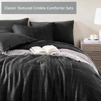 MaiRêve Queen Comforter Set Black, Textured Design Crinkle Bedding Sets 7 Pieces, All Season Bed in A Bag with Comforter, Sheets, Pillowcases & Shams