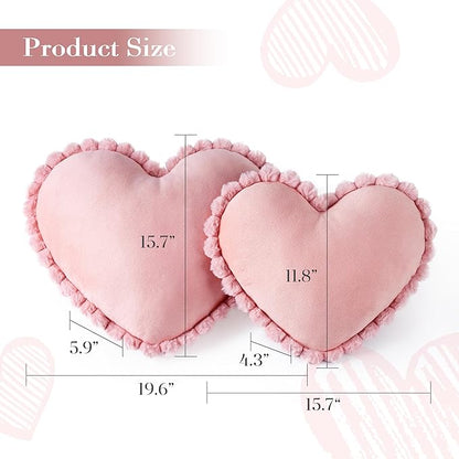 AELS Heart Shaped Pillow, Set of 2, Velvet Throw Pillows, Soft Velvet Love Pillows with Faux Fur Pom Poms, 20 & 16 Inches, Cute Valentines Day Decorations, Wedding Decor, Pink