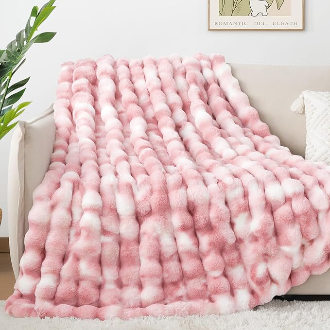 Luxury 1000GSM Faux Rabbit Fur Throw Blanket for Woman, Super Heavy Warm Cozy Blankets for Her for Couch Bed Sofa, Bubble Plush Fuzzy Elegant Soft Reversible Mink Blanket for Living Room Bedroom, Pink