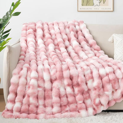 Luxury 1000GSM Faux Rabbit Fur Throw Blanket for Woman, Super Heavy Warm Cozy Blankets for Her for Couch Bed Sofa, Bubble Plush Fuzzy Elegant Soft Reversible Mink Blanket for Living Room Bedroom, Pink