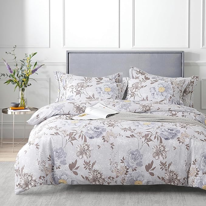 Luxurious Cotton 3pcs Floral Comforter Sets Queen Size - Light Gray Comfoter with Bluish Gray & Taupe Floral and Botanical Prints, Vintage Lightweight Bedding Sets(Queen 90"×90")