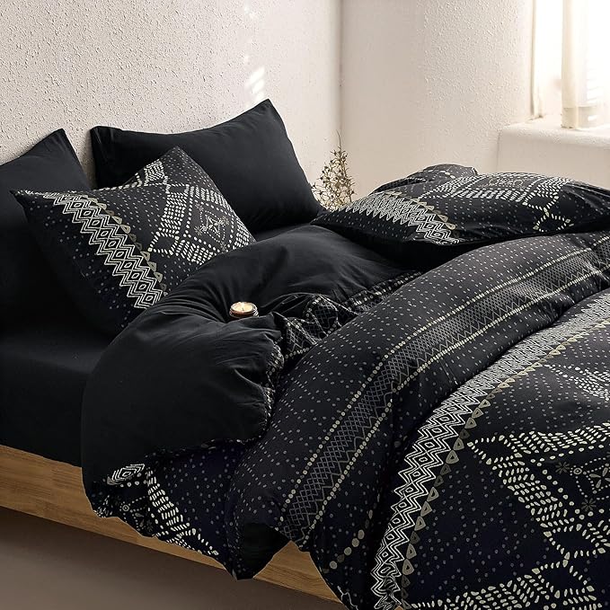 Wake In Cloud - Boho Comforter Set, Farmhouse Bohemian Western Aztec Neutral Aesthetic, Soft Lightweight Bedding, 3 Pieces, Charcoal Black, King Size