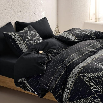 Wake In Cloud - Boho Comforter Set, Farmhouse Bohemian Western Aztec Neutral Aesthetic, Soft Lightweight Bedding, 3 Pieces, Charcoal Black, King Size