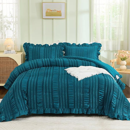 WONGS BEDDING Teal Comforter Set King,3 Pieces Ruffle Farmhouse Shabby Chic Comforter for King Bed,Soft Textured Boho Bedding Set with 1 Ruffle Comforter,2 Tufted Pillowcases 104"×90"