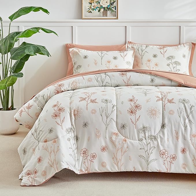 AIKASY Bed in a Bag 7 Pieces - Floral Print - Soft Microfiber, Reversible Bed Comforter Set (1 Comforter, 2 Pillow Shams, 1 Flat Sheet, 1 Fitted Sheet, 2 Pillowcases) (Sea Green, King)…