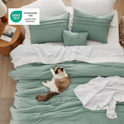 Bedsure Queen Comforter Set - 4 Pieces Pinch Pleat Bed Set, Sage Green Boho Bedding for All Season, 1 Soft Comforter, 2 Pillowcases, 1 Decorative Pillow