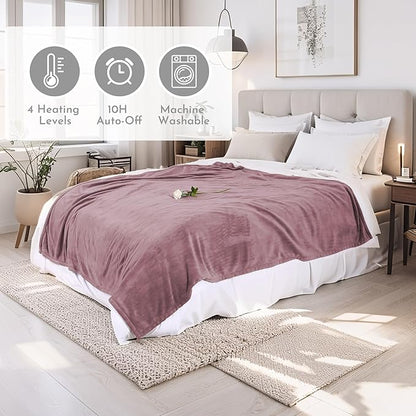Electric Heated Blanket 90"x100" King Size Microplush Cover Blanket, 4 Heat Settings & 10 Hours Auto Off, Cozy & Warm for All Night, Machine Washable, Berry