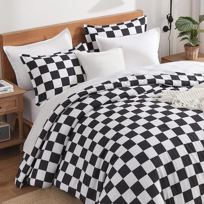 Andency Checkered Comforter Twin(66x90Inch), Black White Plaid Gingham Buffalo Grid Bedding Comforter Sets for Boys Kids Teens, 2 Pieces Lightweight Microfiber Geometric Preppy Bed Set
