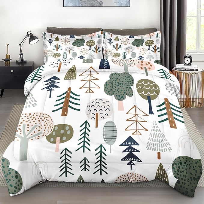 Comforter Set Full Size, Woodland Tree Wood 3 Pcs Soft Bedding Set for Kids and Adults, Plant Pine Green Comforter Set with 2 Pillowcases, for Bedroom Bed Decor