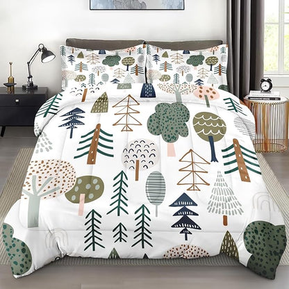 Comforter Set Queen Size, Woodland Tree Wood 3 Pcs Soft Bedding Set for Kids and Adults, Plant Pine Green Comforter Set with 2 Pillowcases, for Bedroom Bed Decor