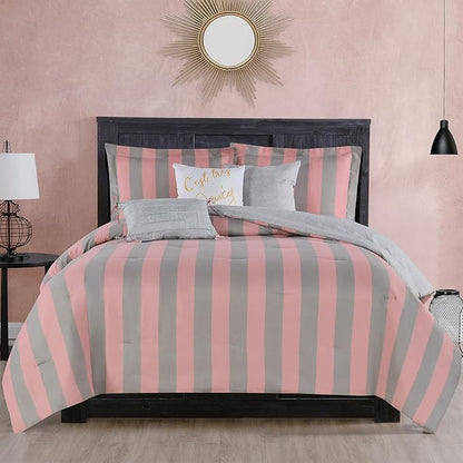 Juicy Couture Cabana Stripe Reversible Bedding Set - Twin/Twin XL Size - Pink and Grey Stripe Print - 5 Piece Set - Includes 1 66 x 90 Comforter, 3 Decorative Pillows, 1 Sham