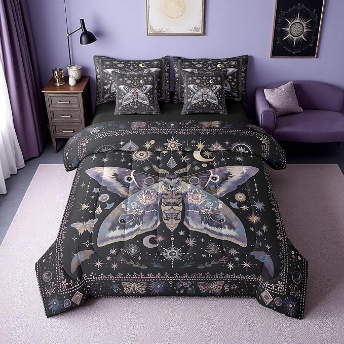 Erosebridal Black Boho Moth Comforter Set Queen with Sheets,Sun Moon and Stars Bedding Set 7 Piece Gothic Bedroom Decor,Trippy Butterfly Bed in a Bag with Fitted Sheet,Flat Sheet,Pillowcases & Shams