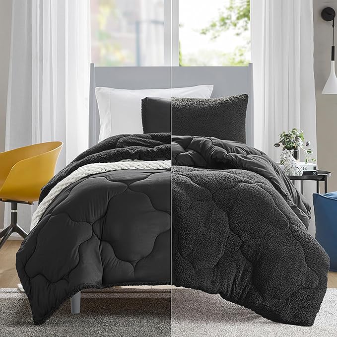Comfort Spaces Comforter Set, Chic Reversible Quatrefoil Quilting, Sherpa Comforters Twin, All Seasons, Lightweight Microfiber Bedding Set Matching Sham, Vixie, Twin/Twin XL Black/Black 2 Piece