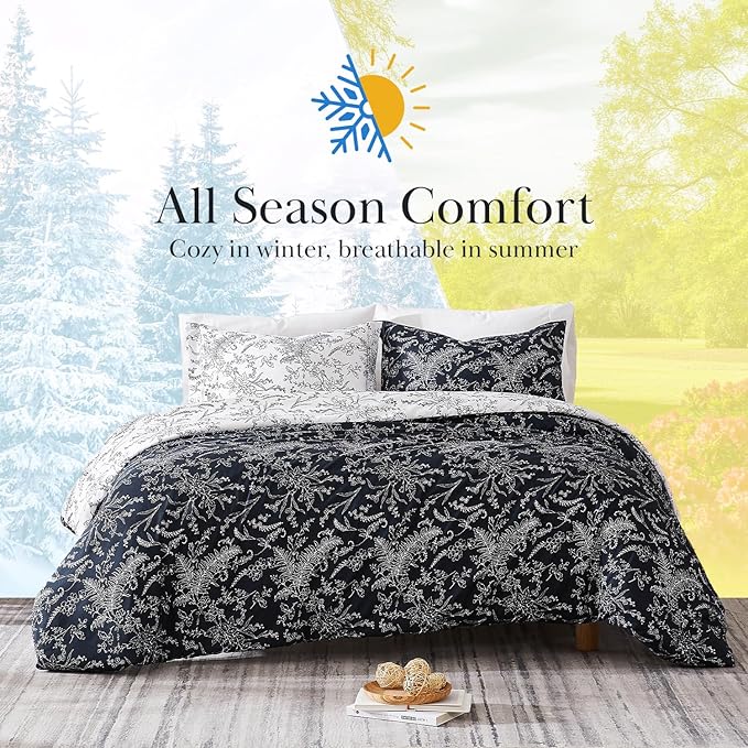 Southshore Fine Living, Inc. Extra Large King Comforter Oversized, Down Alternative Floral Comforter Set with Matching Pillow Shams, Reversible Bedding Sets, Fits Cal/King, Winter Brush Black/White