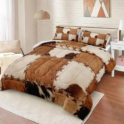 MOVE OVER Brown Cowhide Comforter Set Western Style Patchwork Cow Printed Bedding Set 4 Pieces Soft Microfiber Western Ranch Style Cowboy Chic Comforter Sets for Bedroom Decor