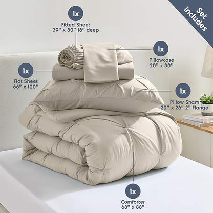 Nestl Twin XL Comforter Set 5 Piece - Pintuck Twin XL Bedding Set Beige, College Dorm Room Essentials Bed in a Bag, Twin XL Comforter Set for College Girls and Boys with Sheets, Pillowcase and Sham