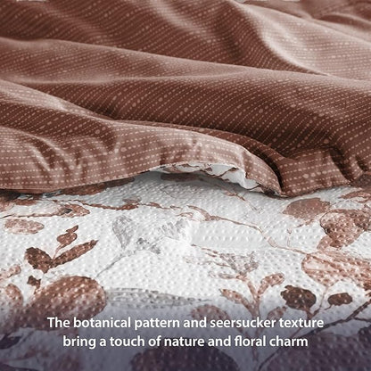 Bed Comforter Set Twin Size, 2 Pieces Lightweight Seersucker Botanical Reversible Design with Floral Print, Premium Microfiber Bedding Set, Comforter and Sham Set, Terracotta