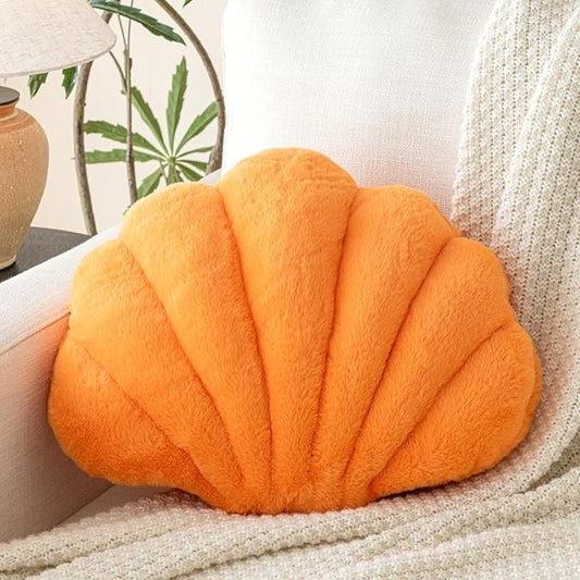 Shell Pillow, Seashell Throw Pillow with Soft Rabbit Plush for Couch Bed, Shell Shaped Decorative Ocean Pillow Stylish Beach Cushion Room Aesthetic Home Decor (Orange, 14 X 11 Inches)